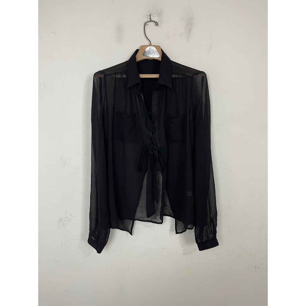 Cecico Black Sheer Chiffon Tie Front Split Back Long Sleeve Blouse Size L